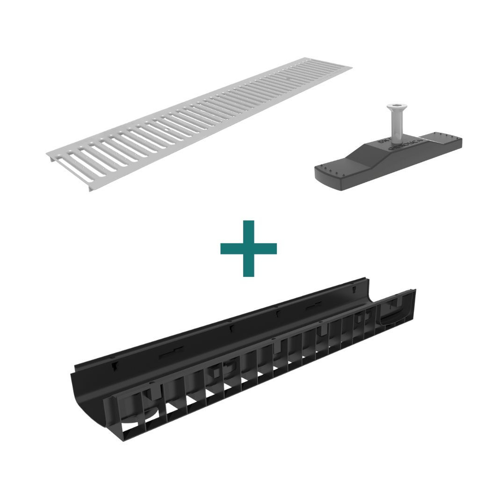 Комплект пластикового водоотводного лотка Gidrolica Standart ЛВ-15.19,6.10 (DN150) с оцинкованной решёткой А15 и крепежом
