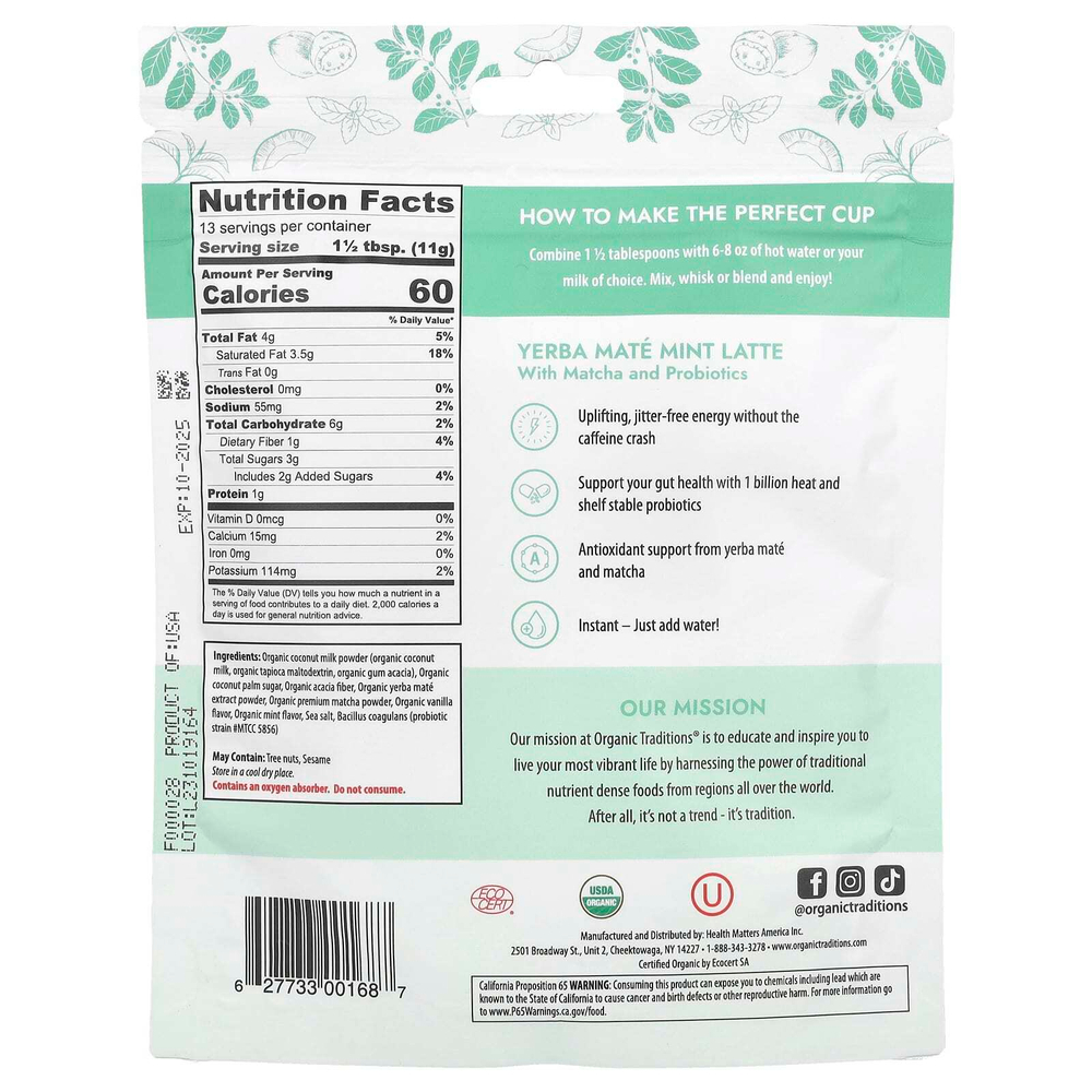 Organic Traditions, мятный латте с матча и пробиотиками, 150 г (5,3 унции)