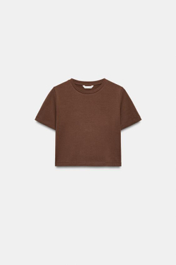 ZARA УКОРОЧЕННАЯ ФУТБОЛКА ИЗ ЭЛАСТИЧНОЙ ТКАНИ, СВЕТЛО-КОРИЧНЕВЫЙ