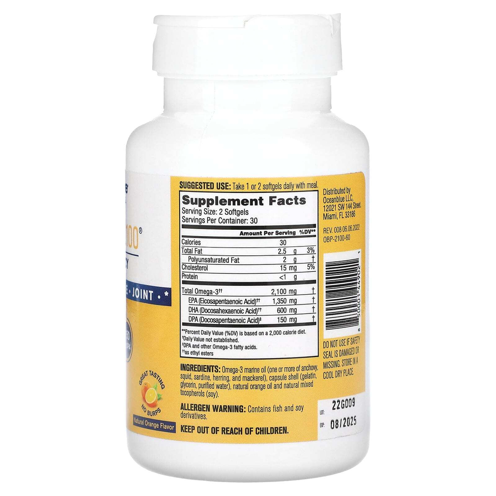 OceanBlue, Professional, омега-3 2100, высокоэффективный продукт, со вкусом натурального апельсина, 60 капсул (1050 мг в 1 капсуле)
