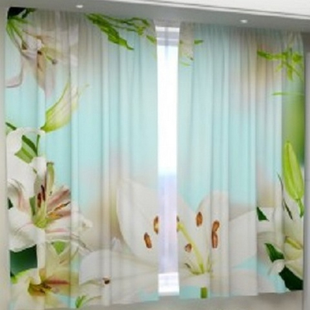 Фотошторы для кухни "РД. БЕЛЫЕ ЛИЛИИ НА ГОЛУБОЙ ГЛАДИ", Россия.