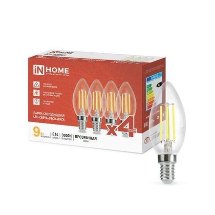 Лампа светодиодная филаментная LED-СВЕЧА-deco 4PACK 9Вт свеча прозрачная 3000К тепл. бел. E14 1040лм 230В (уп.4шт) IN HOME 4690612052540