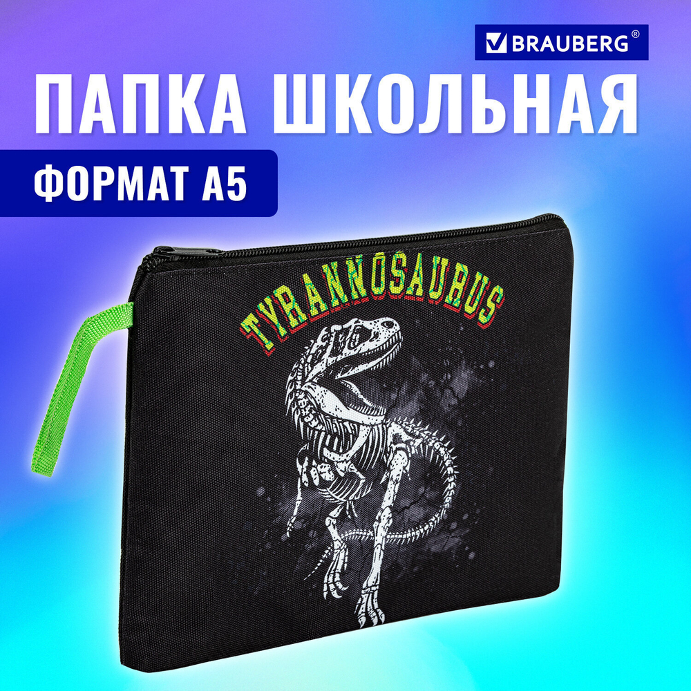 Папка для тетрадей BRAUBERG А5 1 отделение полиэстер на молнии с ручкой "Tyrannosaur" (3 штуки в упаковке)