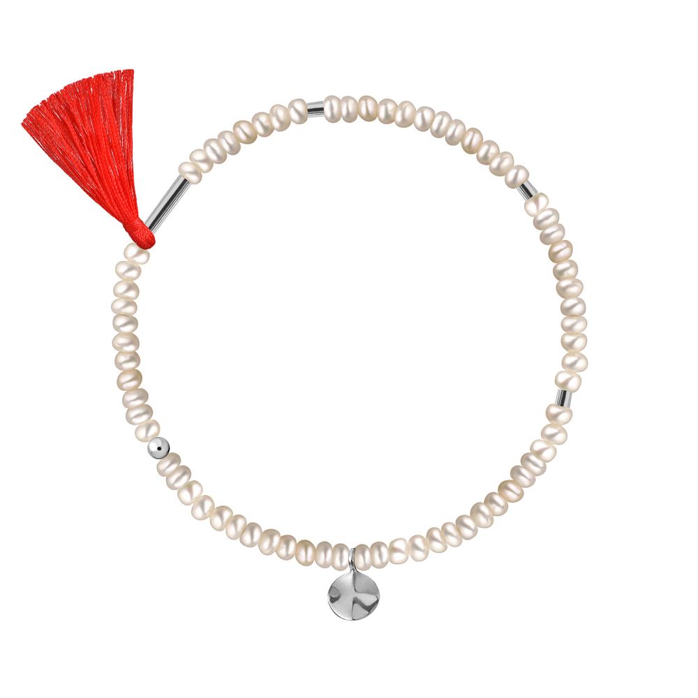 браслет из белого жемчуга с красной кистью