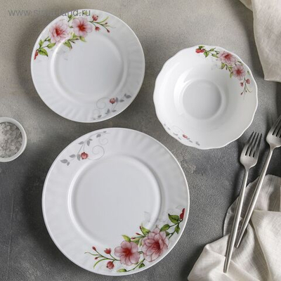 Сервиз столовый Доляна «Цветочная мелодия», 18 предметов: 6 тарелок, d=15/17,5/23/ см, стеклокерамика