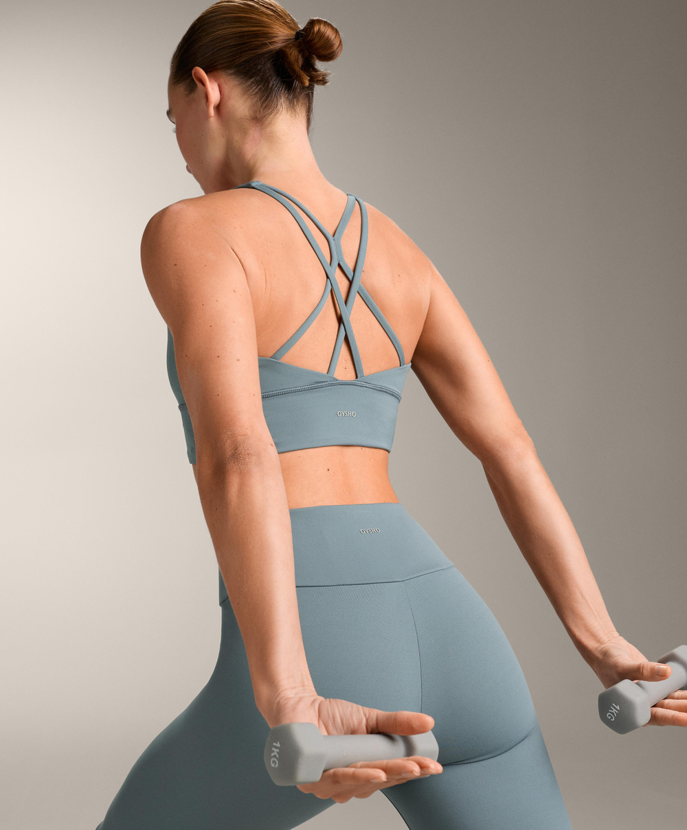 Oysho Спортивный бюстгальтер с бретелями на спине, темно-сине-серый