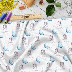 Ткань оксфорд 210 девочка с кроликом и синие месяцы