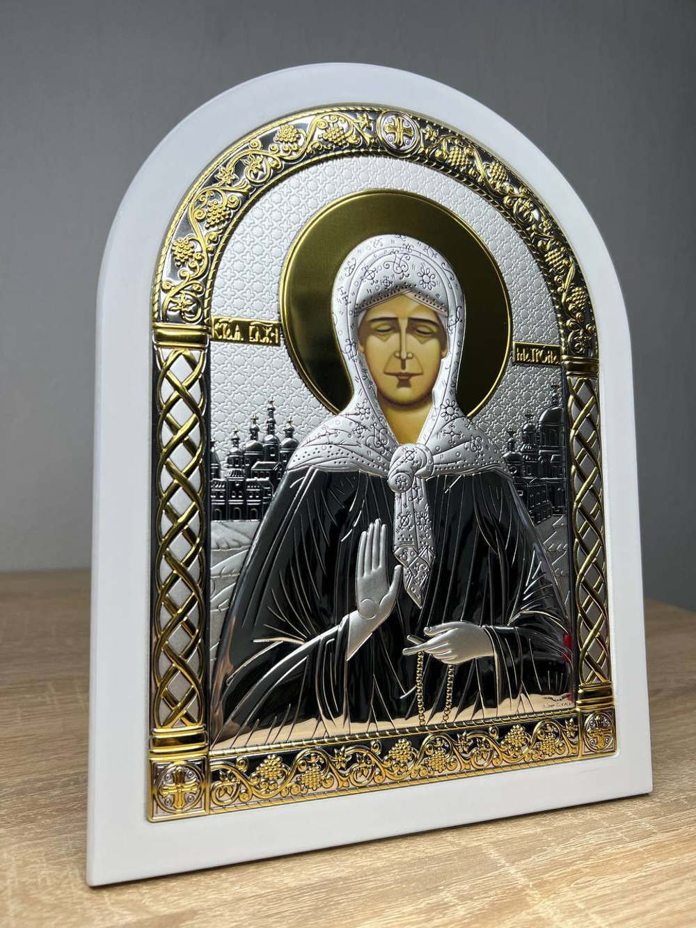 Матрона, икона арочная, белое дерево 206х275