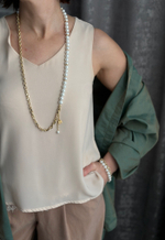 Колье 2 ряда жемчуг Майорка и цепь ролло, оттенок золото