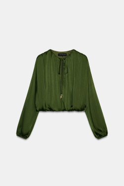 ZARA АТЛАСНАЯ БЛУЗА ОБЪЕМНОГО КРОЯ, ТЕМНО-ОЛИВКОВЫЙ
