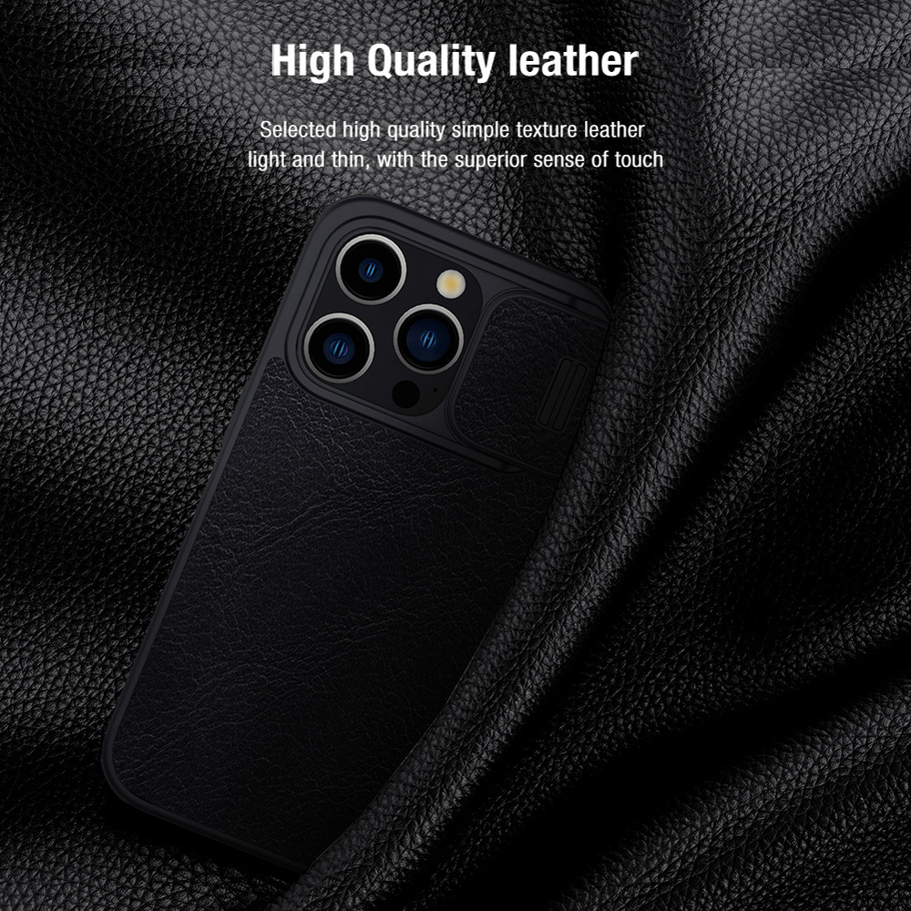 Кожаный чехол книжка черного цвета от Nillkin для iPhone 15 Pro Max, серия Qin Pro Leather с защитной шторкой для камеры