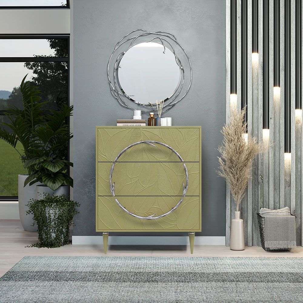 Комод Арт Колор leaves Классик Сильвер с 3 ящиками Зеленая олива