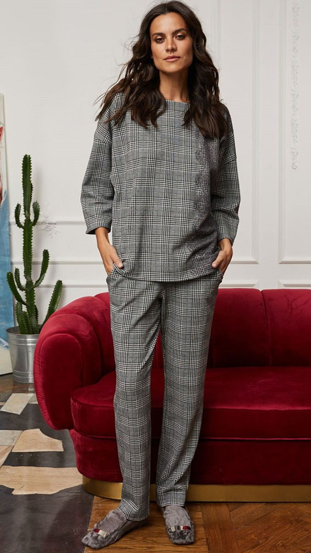 Удобные домашние клетчатые брючки (Размер: S) (Цвет: черный с белым)