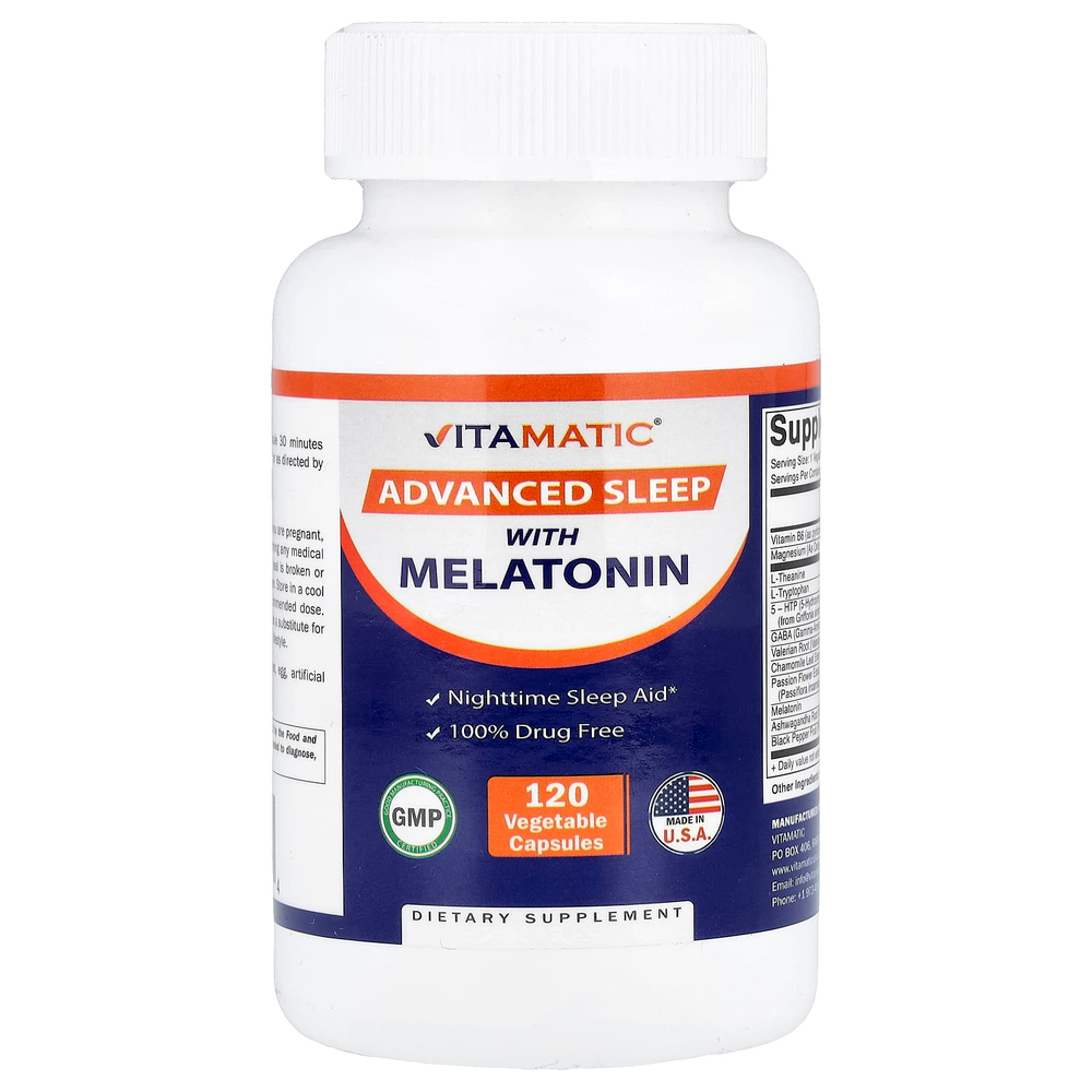 Vitamatic, улучшенный сон с мелатонином, 120 растительных капсул