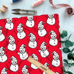 Ткань блэкаут весёлые снеговики на красном фоне