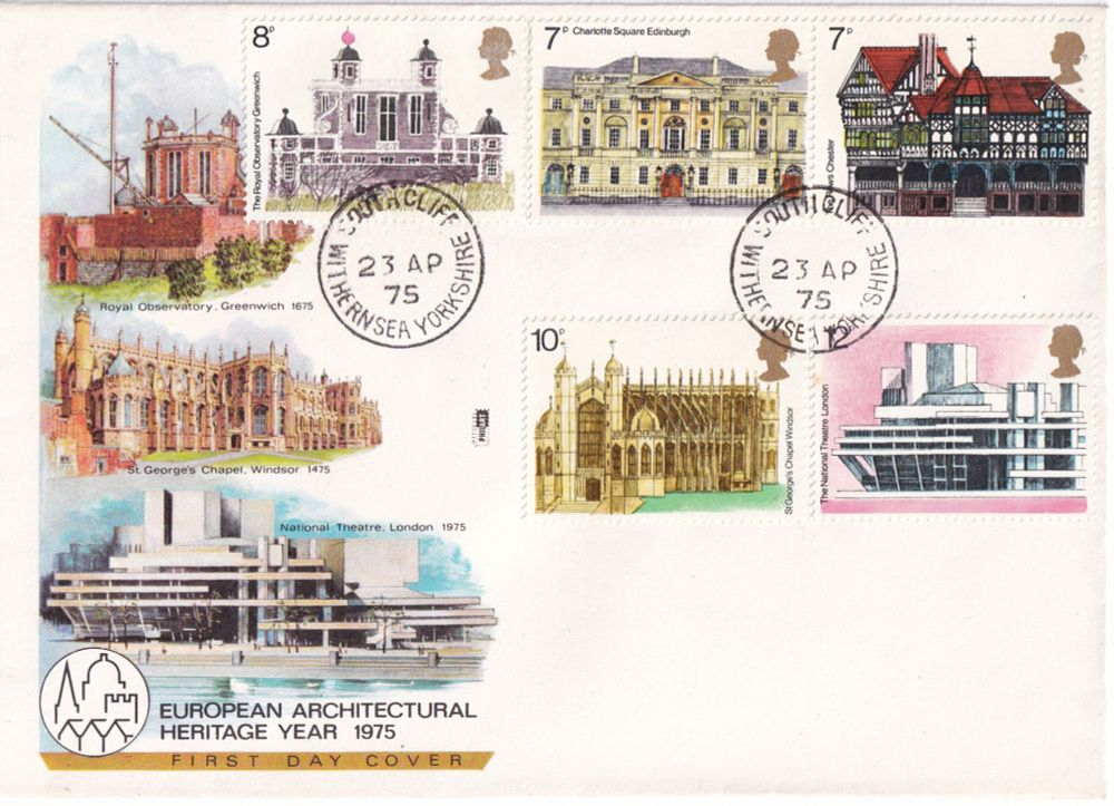 Конверт Первого дня Великобритании от 23 апреля 1975 года с пятью марками и спецгашенем
