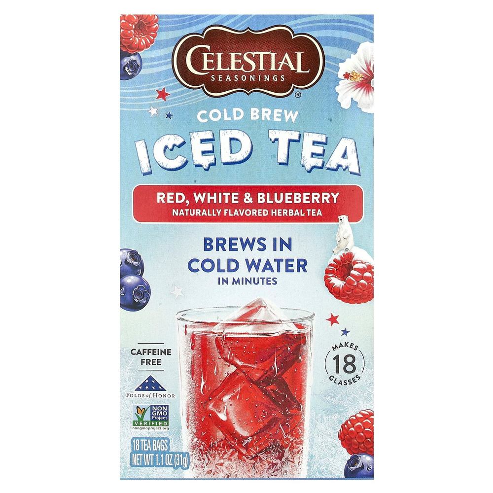Celestial Seasonings, Холодный чай со льдом, красный, белый и голубика, без кофеина, 18 чайных пакетиков, 31 г (1,1 унции)