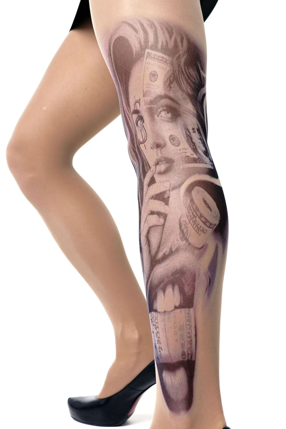 Колготки с принтом-тату в виде девушки с купюрами (Размер: S-M-L) (Цвет: бежевый)