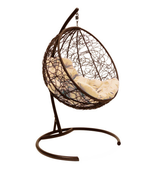 Подвесное кресло КРУГ с ротангом белое, бежевая подушка M-Group