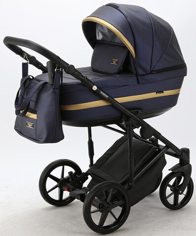 Детская коляска Adamex Rimini Deluxe 3 в 1 RI250 Т.СИН.ПЕРЛ.КОЖА+ЗОЛОТО.ОТДЕЛКА