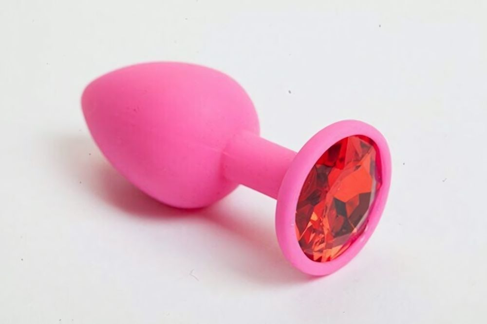 Средняя розовая пробка с красным кристаллом ONJOY Silicone Collection (Цвет: розовый с красным)