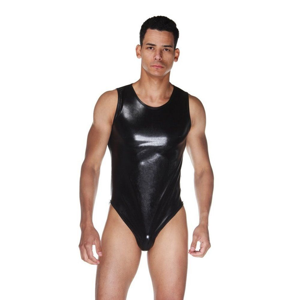 Мужское wet-look боди с прозрачной спинкой (Размер: L-XL) (Цвет: черный)