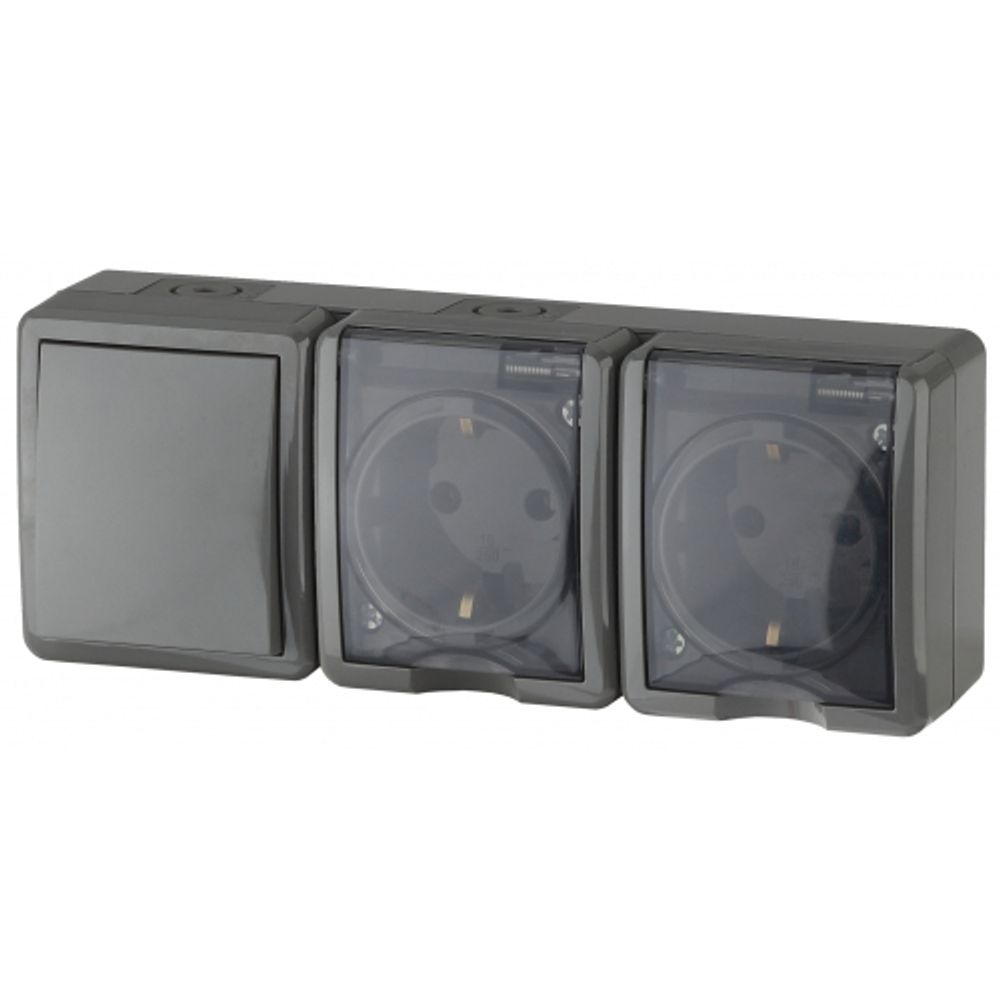 11-7403-03 ЭРА Блок две розетки+выключатель IP54, 16A(10AX)-250В, ОУ, Эра Эксперт, серый