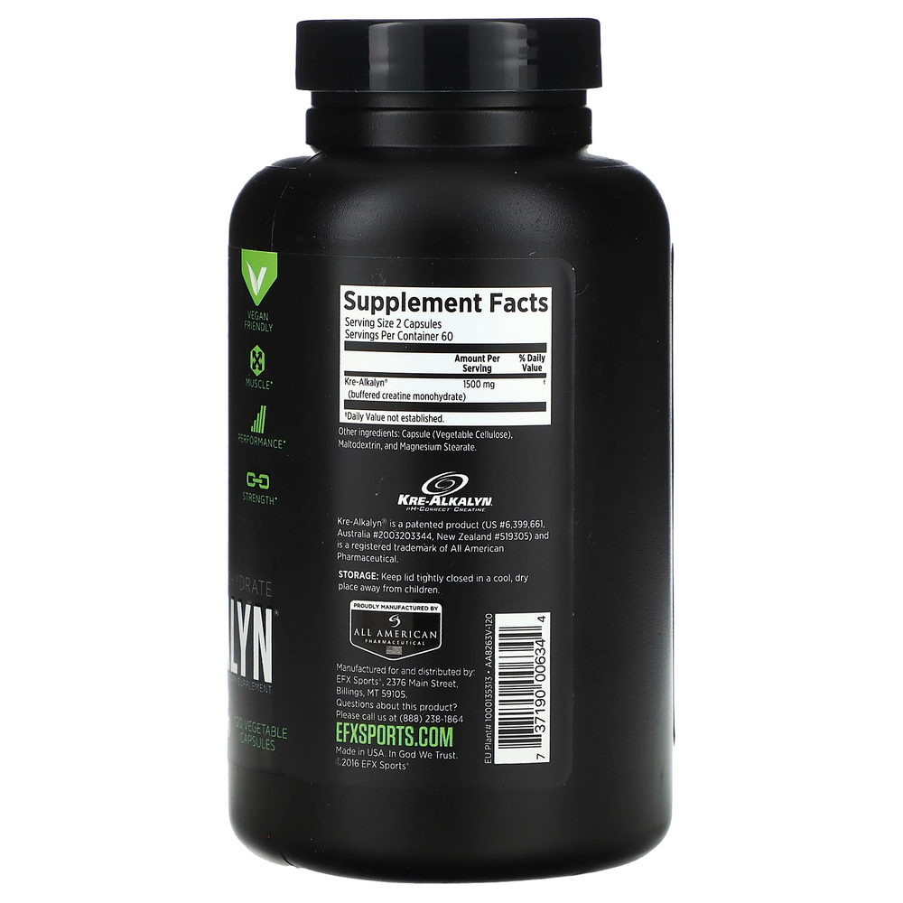 EFX Sports, Kre-Alkalyn, 120 растительных капсул (750 мг на капсулу)