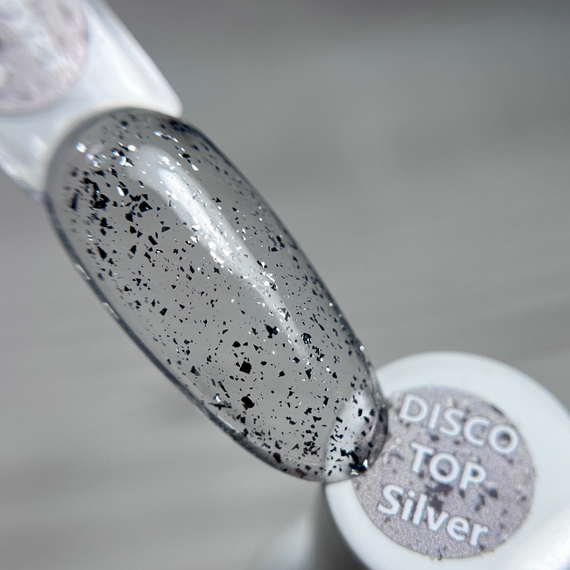 HIT gel, Disco Top Silver - Топовое покрытие для гель-лака без липкого слоя с поталью (9 мл)