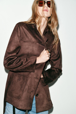 ZARA КУРТКА ИЗ ИСКУССТВЕННОЙ ЗАМШИ С РЕМНЕМ, ТЕМНО-КОРИЧНЕВЫЙ