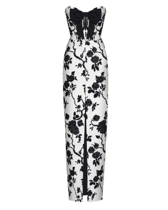 Платье макси из крепа и жаккарда с цветами с вырезом и бантом