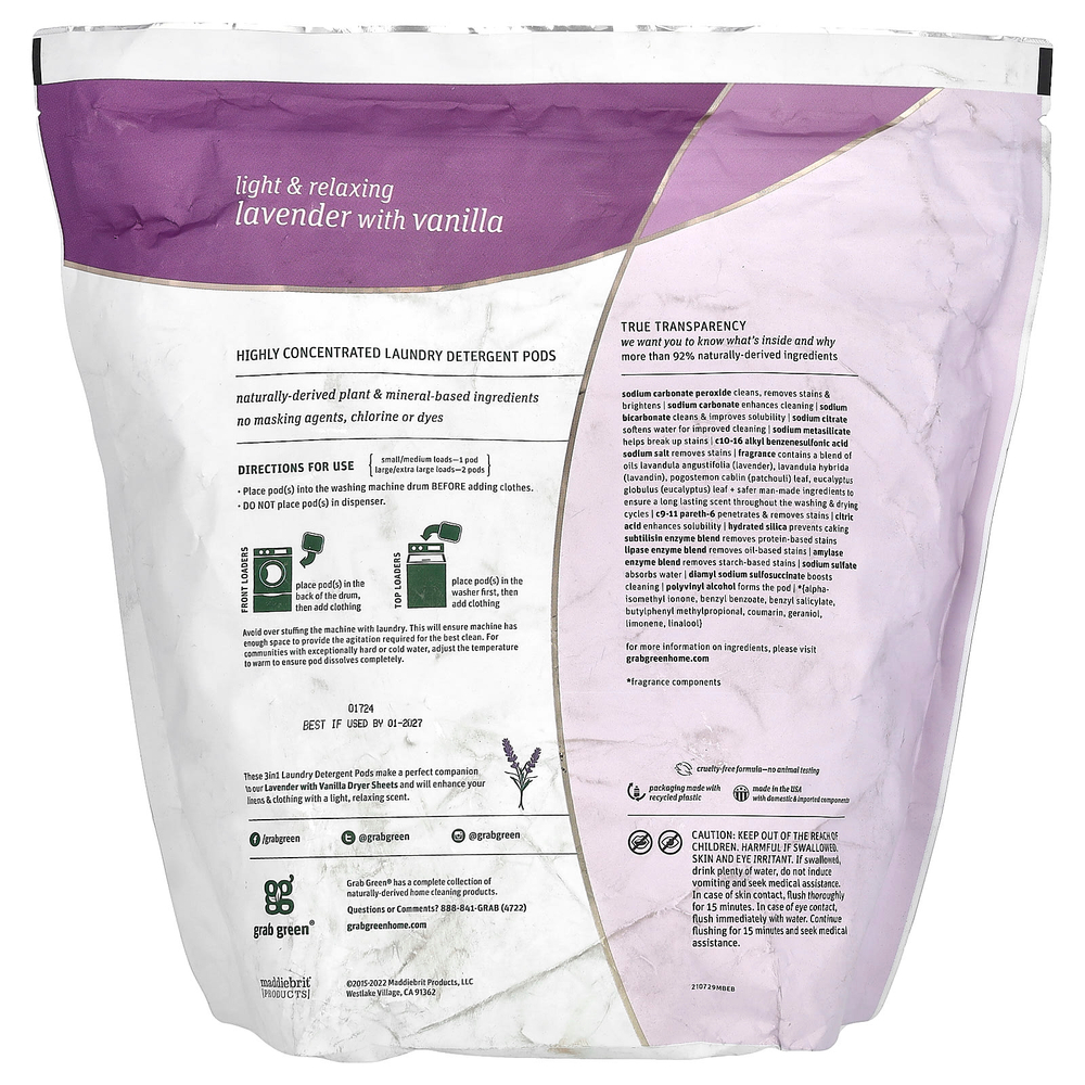 Grab Green, Капсулы со стиральным порошком 3-в-1, с ароматом лаванды, 132 стирки, 2376 г (5 фунтов, 4 унции)
