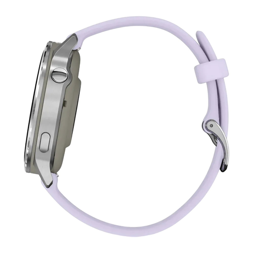 Спортивные часы Garmin Venu 4, 41 мм, силиконовый ремешок цвета «барвинка» Безель из нержавеющей стали серебристого цвета, корпус серебристого цвета, AMOLED-дисплей со стеклом Gorilla Glass. Ремешок с классической застёжкой — на запястье обхватом 110–175