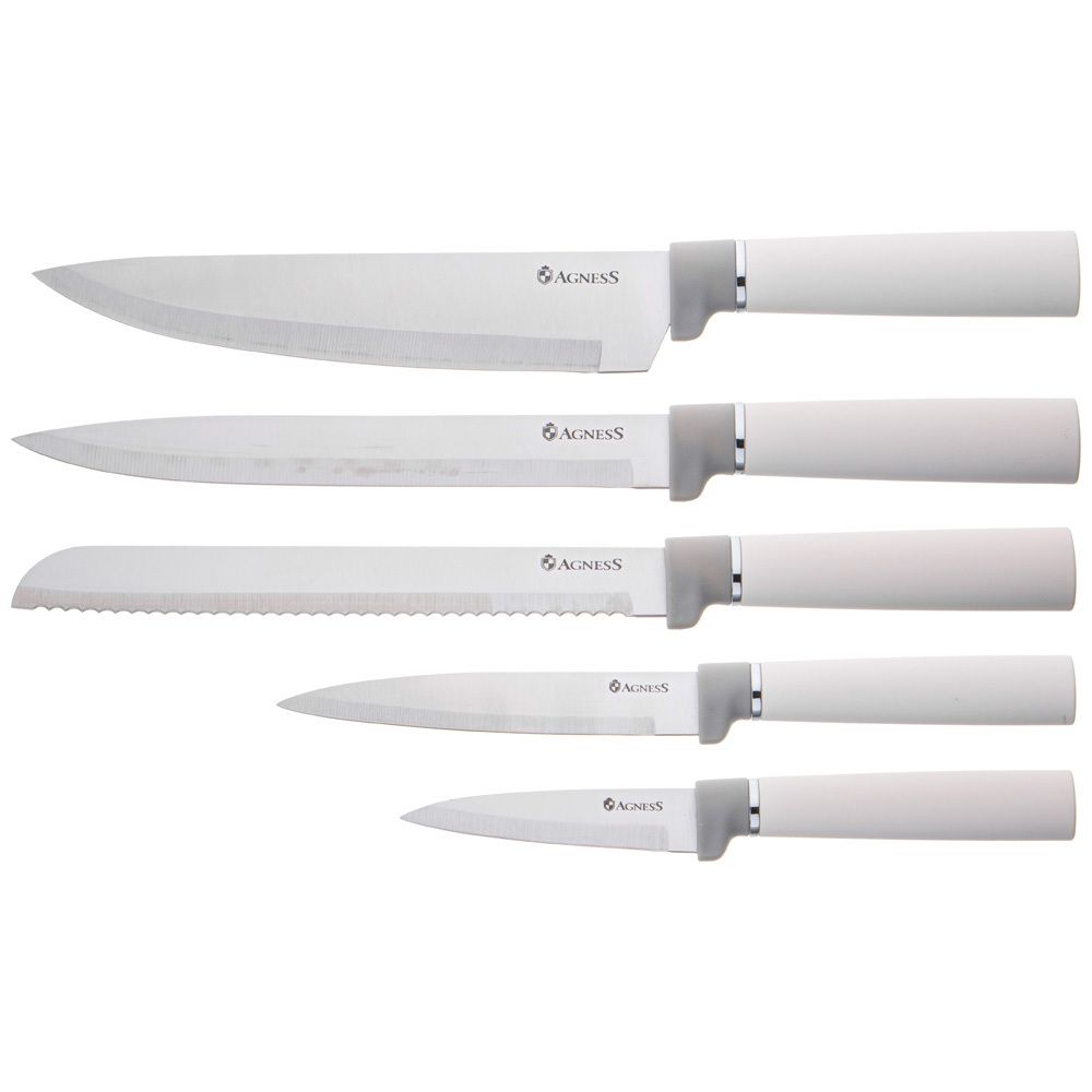 НАБОР AGNESS ИЗ 10ПР: 5 НОЖЕЙ, 4 ДОСКИ И ПОДСТАВКА, ЦВЕТ: БЕЛО-СЕРЫЙ