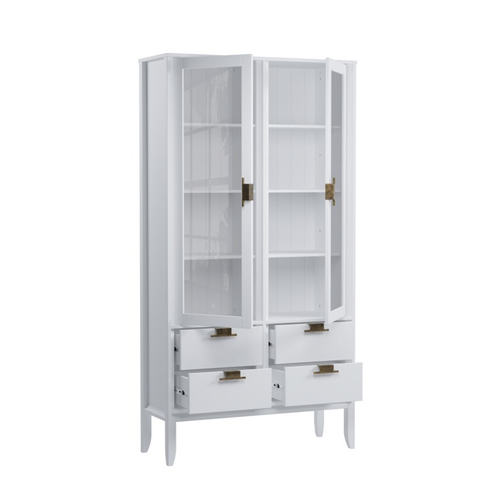 Шкаф для посуды «Бридж» широкий с 2-мя стеклянными дверями и 4-мя ящиками белый лак