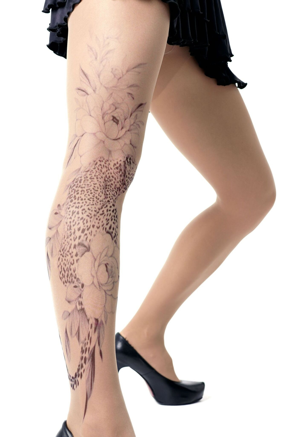 Колготки +size с принтом в виде леопарда в цветах (Размер: XL-XXL-XXXL) (Цвет: бежевый)