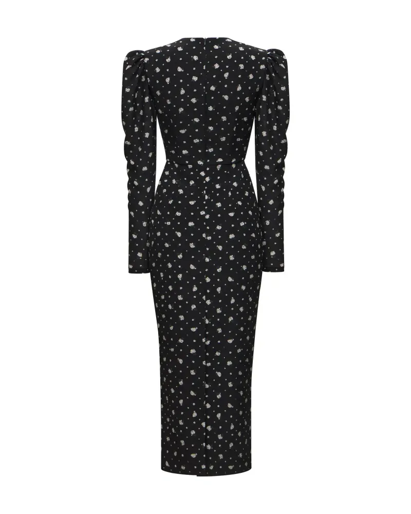 Macel midi, платье миди из черного крепдешина с мелким цветочным принтом
