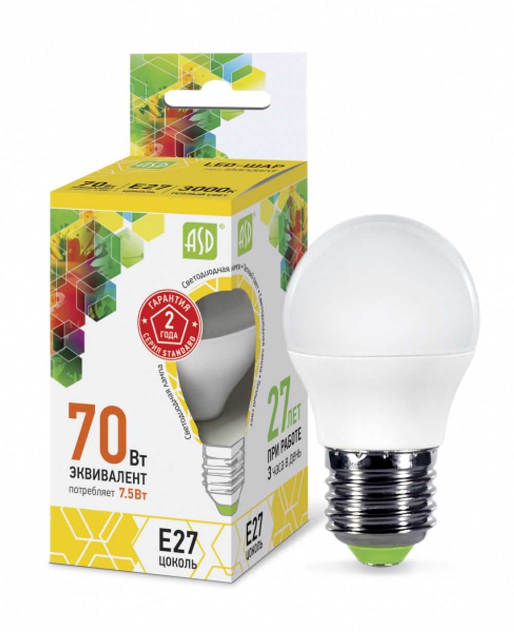Светодиодная лампа ASD LED ШАР standard 7.5Вт 230В Е27 3000К 675Лм (код.92608)