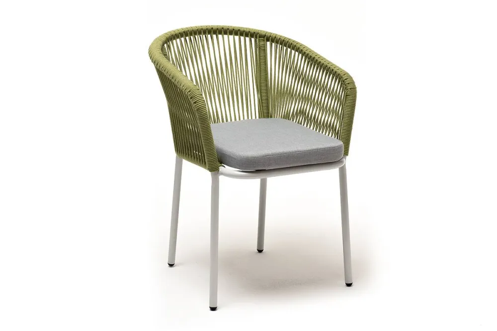 "Марсель" стул плетеный из роупа, каркас алюминий светло-серый (RAL7035) муар, роуп салатовый меланж круглый, ткань светло-серая