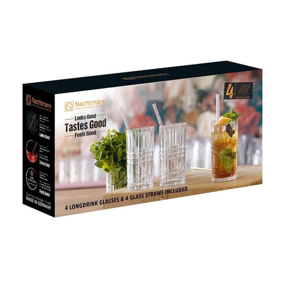 Nachtmann Tastes Good - Набор 4 высоких стакана + 4 стеклянных трубочки + щеточка для чистки
