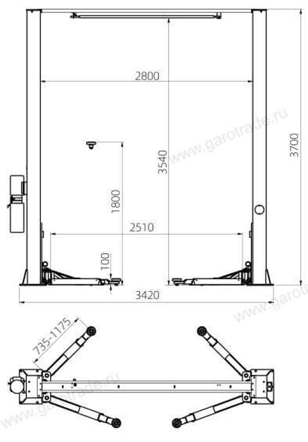 Двухстоечный подъемник с верхней синхронизацией Габарит 3700 мм S4D-2 380 V C Темп