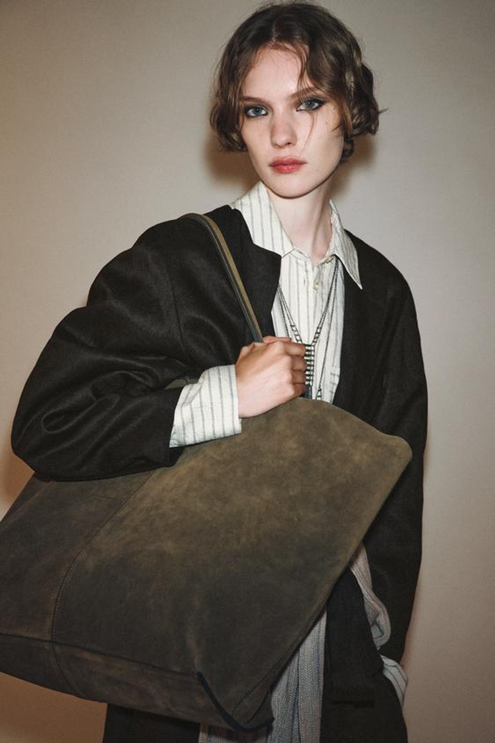 ZARA БОЛЬШАЯ ЗАМШЕВАЯ СУМКА-ШОПЕР, ЗЕЛЕНЫЙ ХАКИ