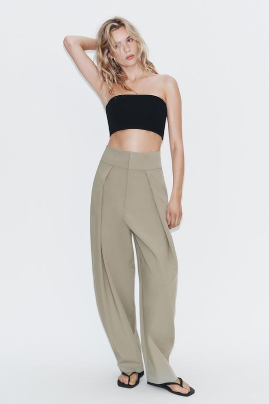ZARA БРЮКИ BALLOON С ЗАЩИПАМИ, МЯГКИЙ ЗЕЛЕНЫЙ