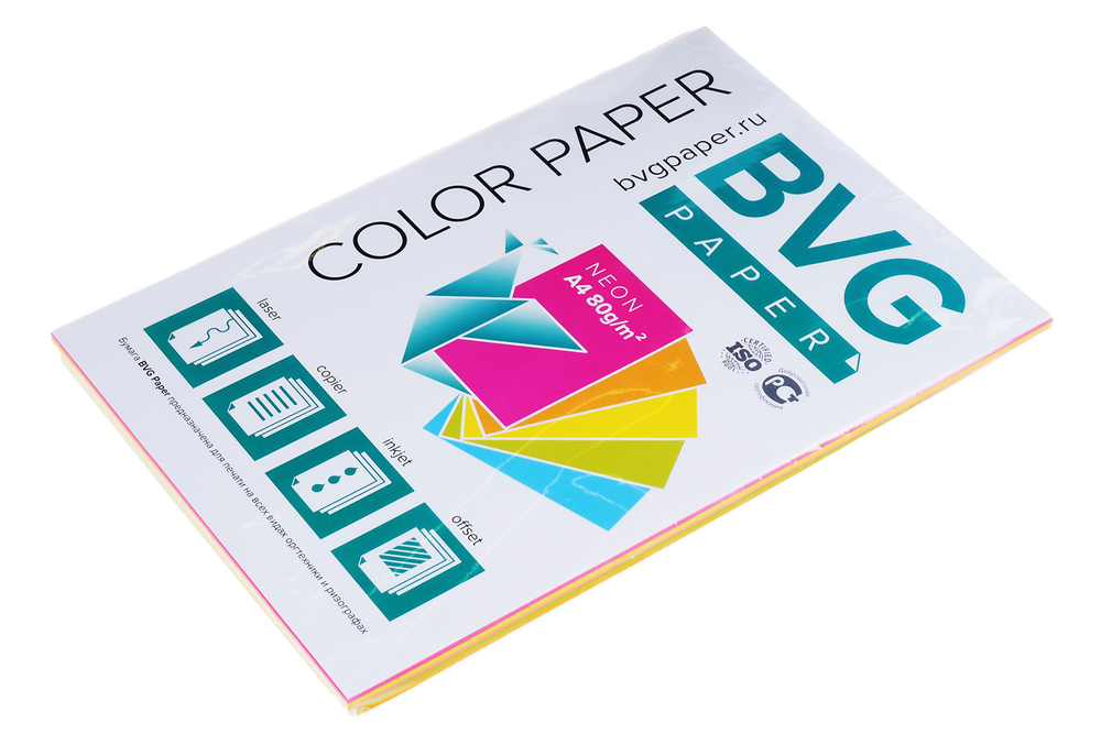Бумага для офисной техники цветная neon 5 цв. (оранжевый желтый зеленый красный розовый) А4 80г/м2 100л BVG ЦБ4Нрr/радуга