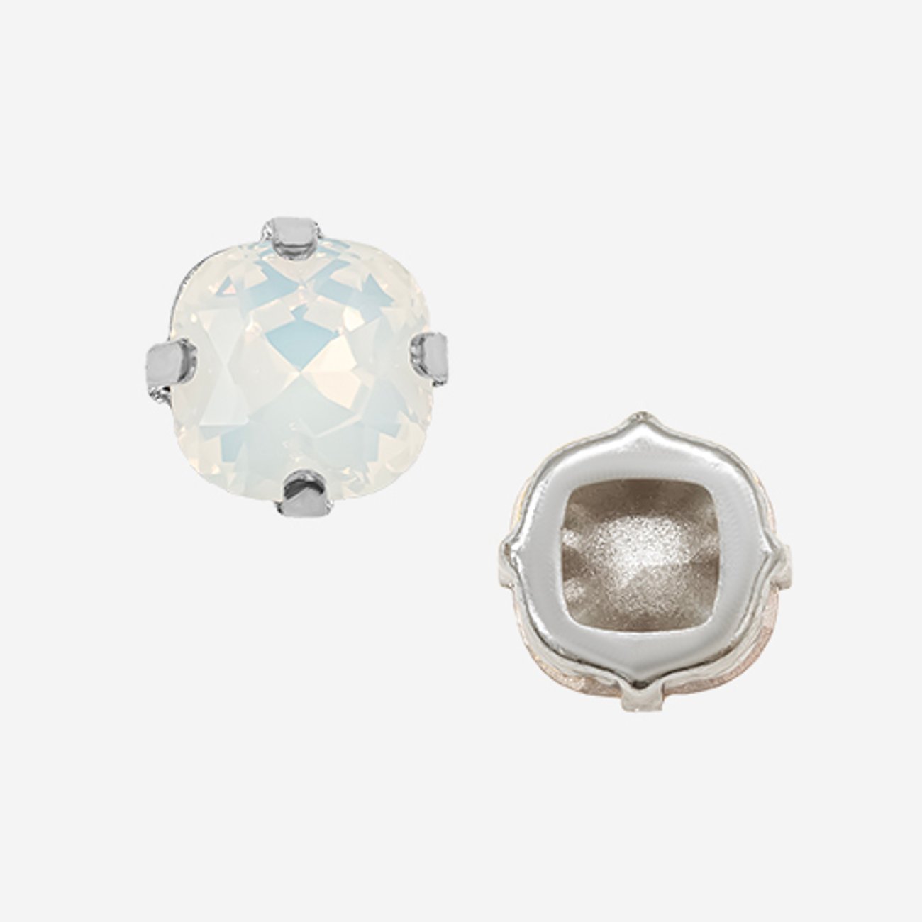 Кристалл Кушон (Сushion) в цапах, оттенок "Белый Опал"/"White Opal", 9,2мм, родирование