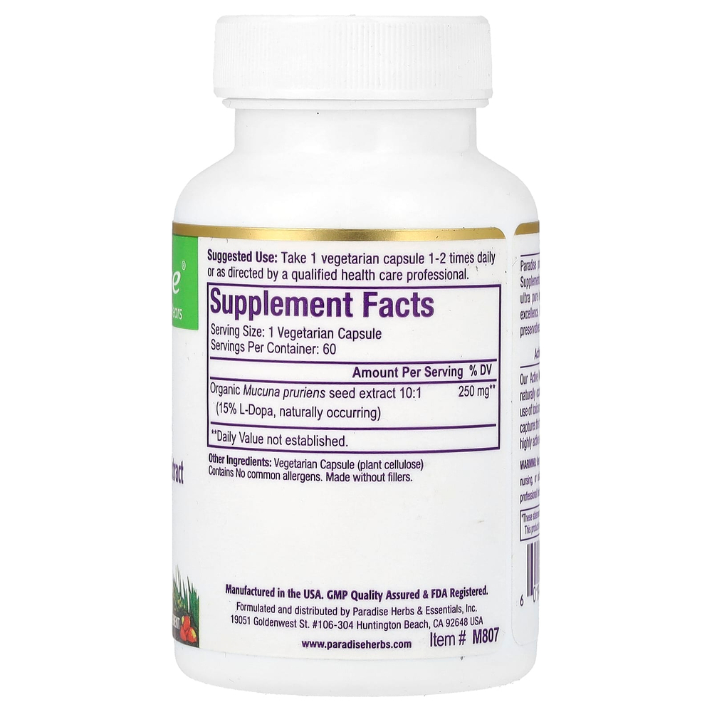 Paradise Herbs, Мукуна, 60 вегетарианских капсул (250 мг на капсулу)