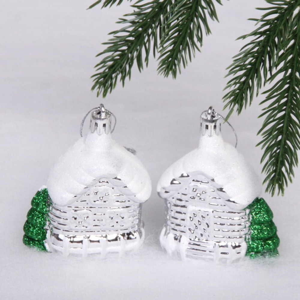 Елочные игрушки «Домик в лесу» 7 см (набор 2 шт), Серебро