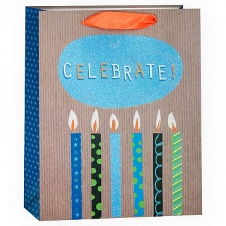 Пакет подарочный С Праздником (стильные свечи), с блестками 23*18*10 см