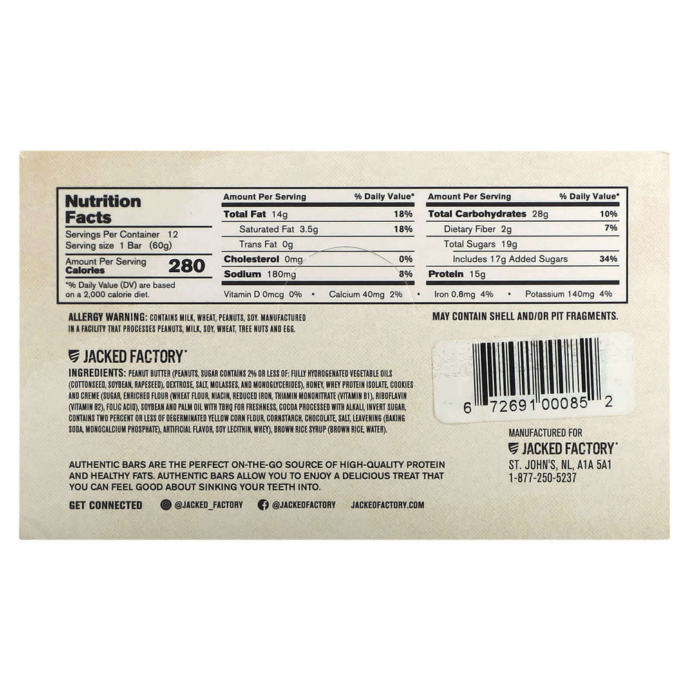 Jacked Factory, Authentic Bar, протеиновый батончик, крошка из печенья, 12 батончиков, 60 г (2,12 унции)