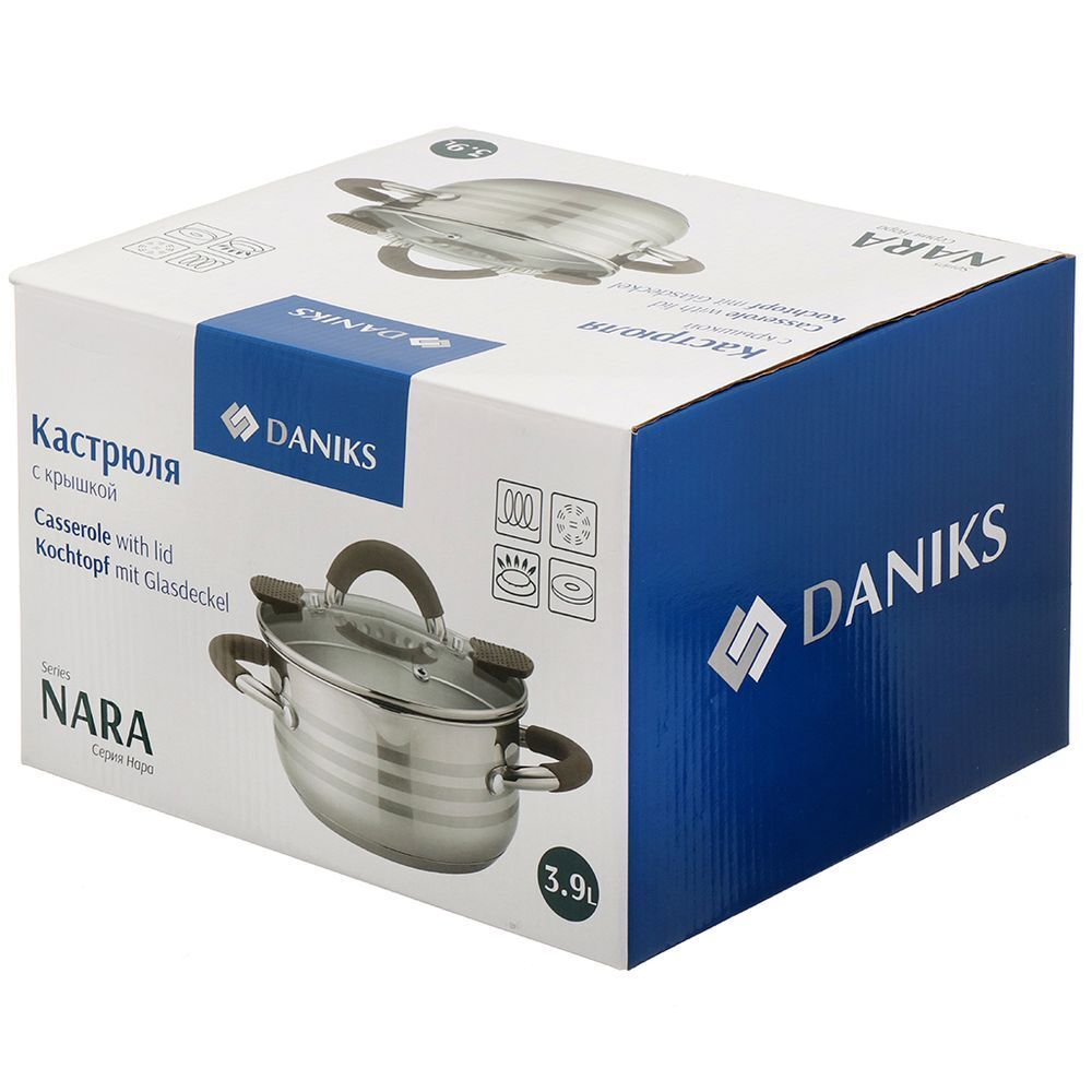 Кастрюля нерж, 3.9 л, с крыш, крышка стекло, Daniks, Нара, GS-01413HY-20CA-2, серебр, индукц